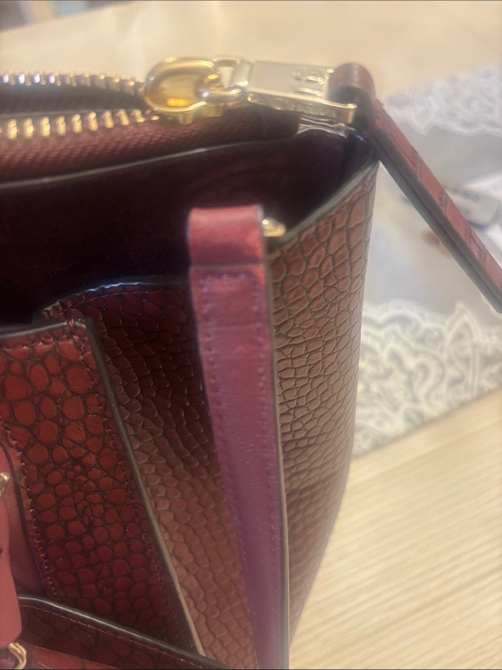 henri bendel Croc-Embossed Burgundy Tote with Card Pouch - Picture 3 of 14